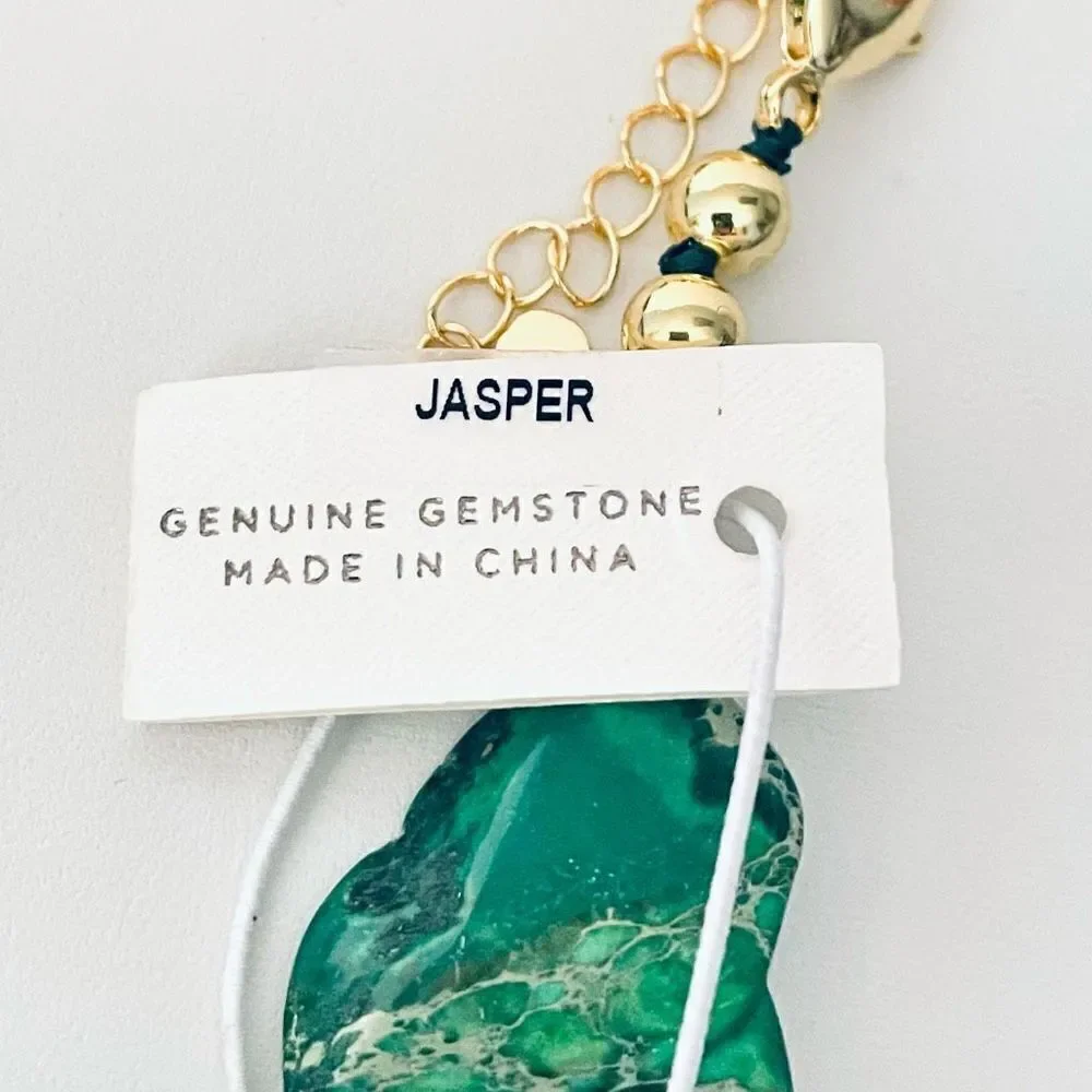 NWT Iris & Lily Gorgeous genuine Green Jasper gemstone Gold Necklace